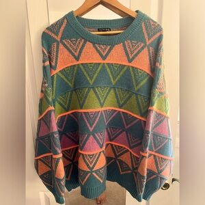 Teal & Neon Hued Balloon Sleeve Sweater